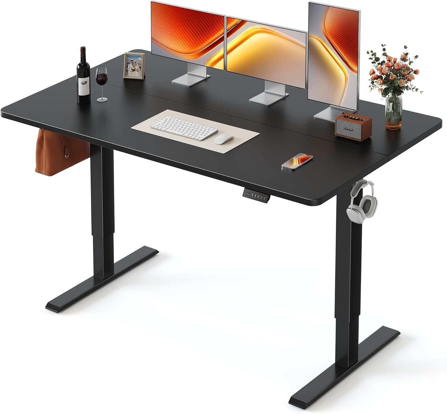 FEZIBO Standing Desk, 55×28 Inches Electric Height Adjustable, Sit Stand Up, Computer Office Desk with Splice Board, Black Frame/Black TOP