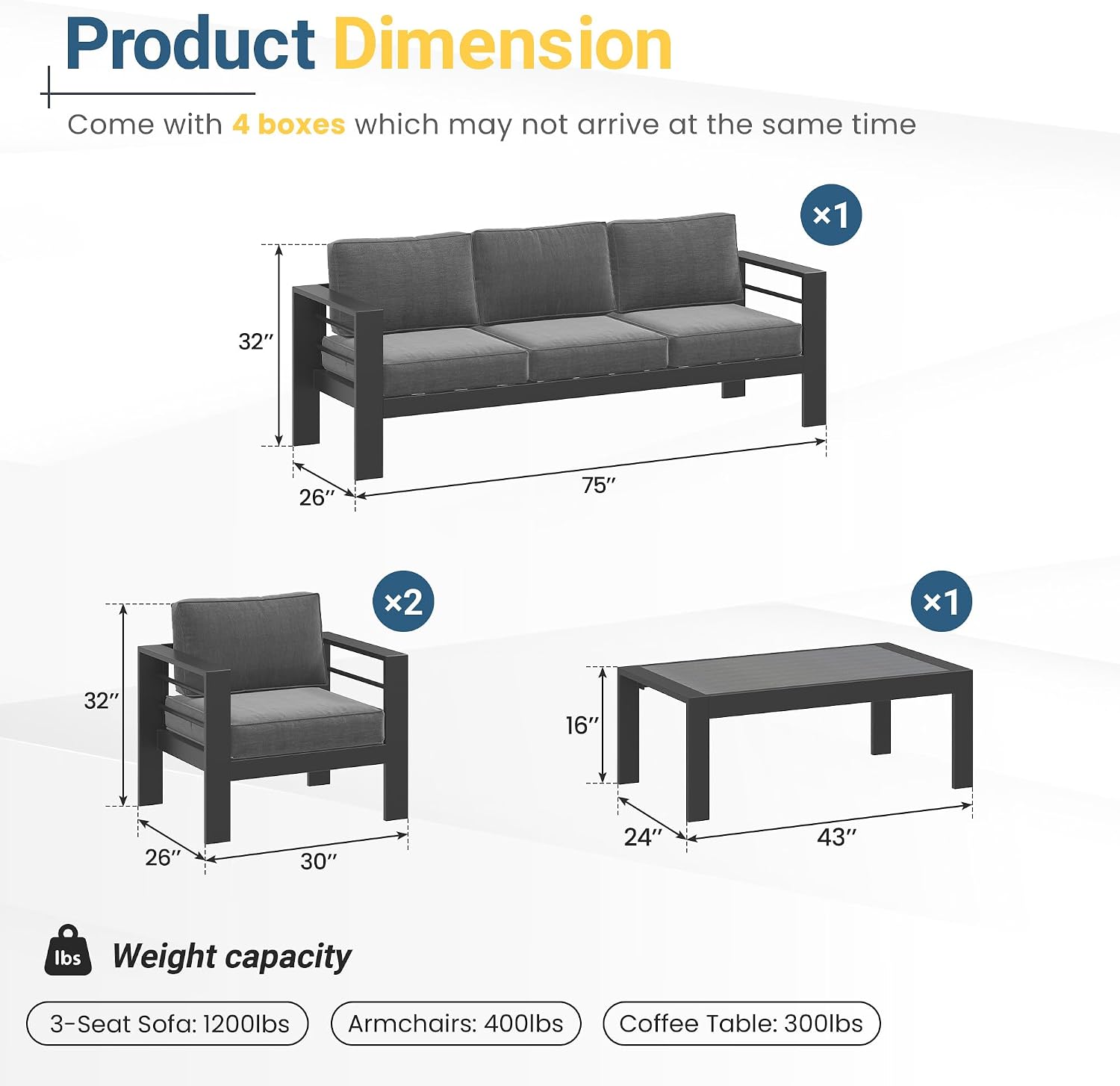 Solaste Aluminum Patio Furniture Set for All Weather, Oversized Metal Outdoor Furniture Set with 27.5' Deep Seating and 3.2' Wide Armrest, Outdoor Patio Conversation Sets with 10' Back Cushion, Gray