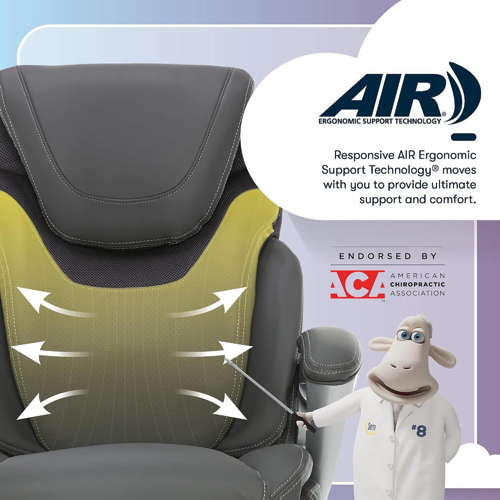 Serta Bryce Executive Office Chair - Ergonomic Computer Desk Chair with Patented AIR Lumbar Technology - Adjustable Height - Memory Foam Body Pillows - 360° Swivel Rolling Base - Bonded Leather - Gray