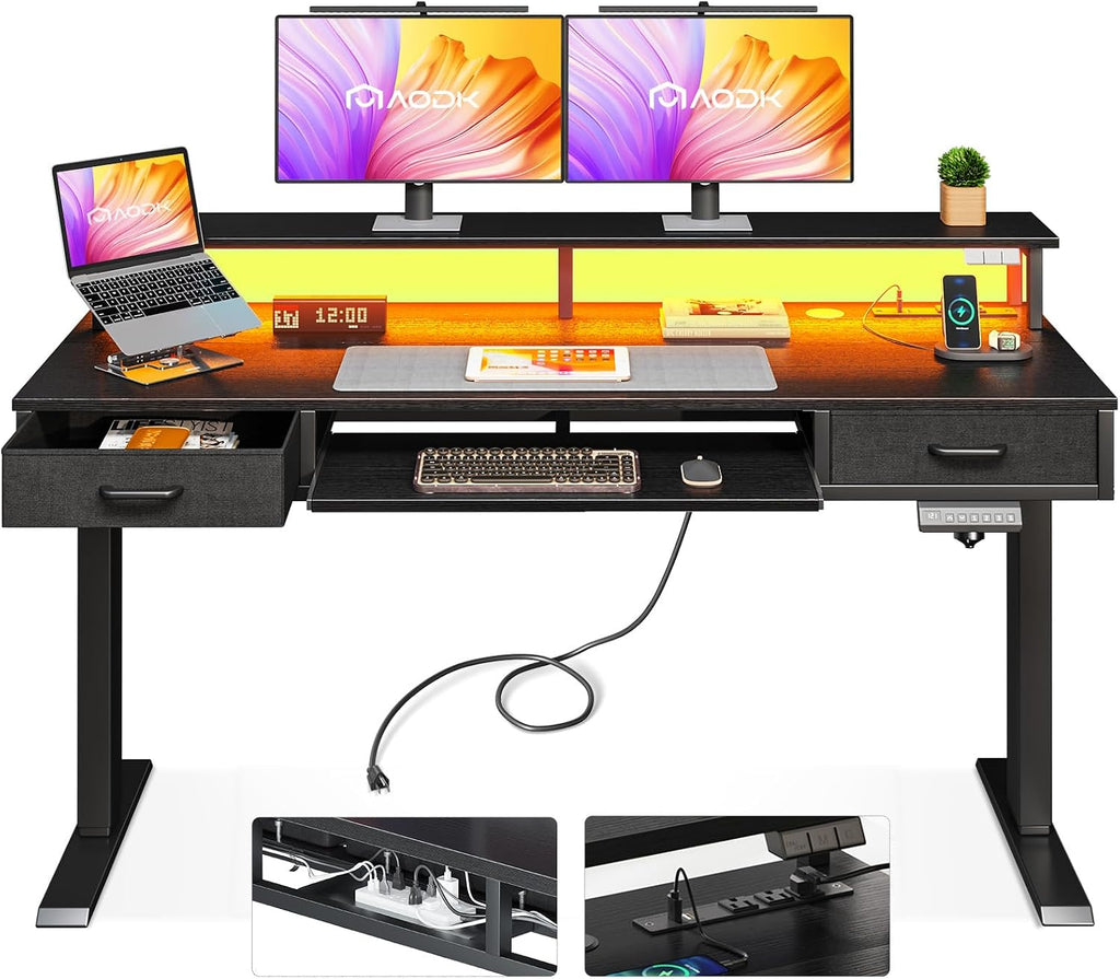 AODK Electric Standing Desk with Drawers & Keyboard Tray, 55 Inch Height Adjustable Desk with Power Outlets & LED Lights, Sit Stand Table with Monitor Stand for Home, Office, Black