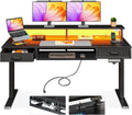 AODK Electric Standing Desk with Drawers & Keyboard Tray, 55 Inch Height Adjustable Desk with Power Outlets & LED Lights, Sit Stand Table with Monitor Stand for Home, Office, Black