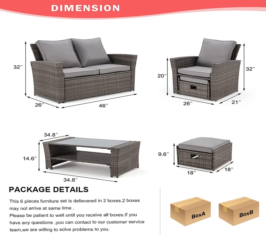 6 Pieces Patio Furniture Set, Outdoor Sectional Conversation Rattan Sofa Set with Ottoman and Outdoor Storage Table for Garden, Porch, Backyard (Dark Gray)