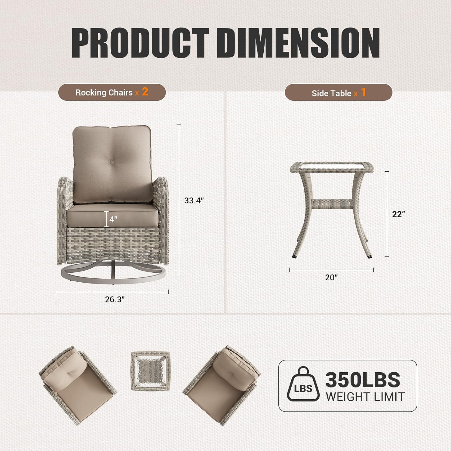 Patio Rocking Swivel Chair Outdoor Wicker Rattan Bistro Set with Tempered Glass Side Table, Outdoor Patio Furniture Set for Garden, Deck, and Balcony, Beige