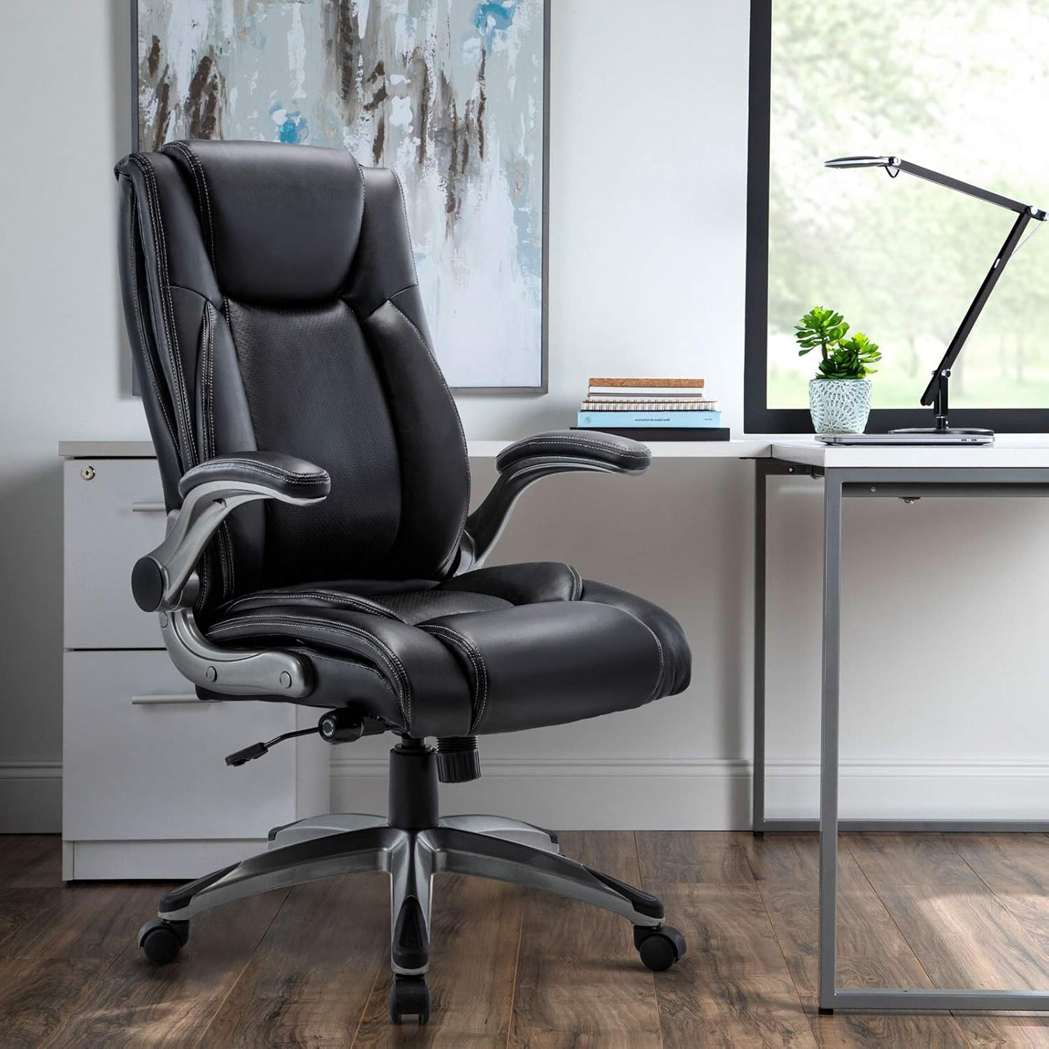 COLAMY Office Desk Chair, Ergonomic Computer Chair with Padded Flip-Up Arms and Thick Cushion, Leather office chair with High Back Adjustable Height and Tilt for Working for Working, Study, Gaming,2PC