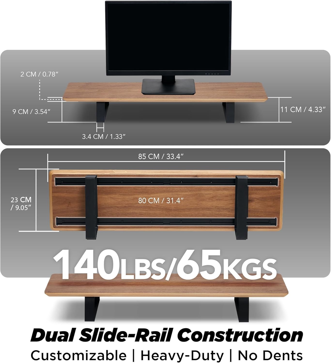 ULTRARM Moodular Wooden Monitor Stand 33.4' (85cm) Desk Organizer with Metal Slide Rails for Drawer, Tray, Laptop, Tablet, Phone & Headphones Customizable Riser for Organized Workspace Walnut MS85-W