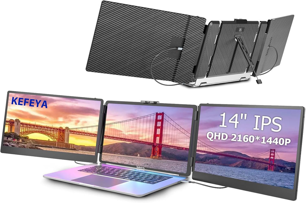 KEFEYA Laptop Screen Extender, 14' Portable Monitor for Laptop, 1440P QHD Triple Screen Monitor Extender for 13'-17' Laptops, HDMI/USB-C for MacBook, Windows, Chrome, Switch, Plug & Play