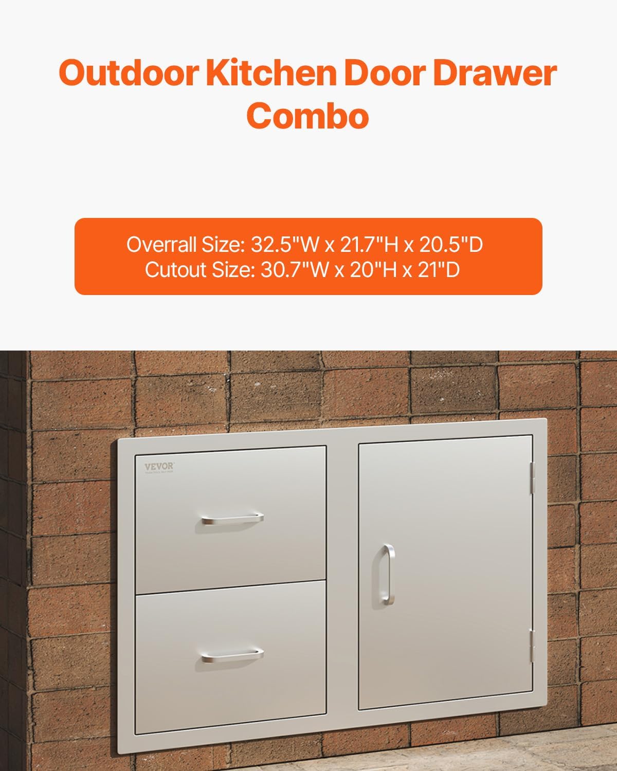 VEVOR Outdoor Kitchen Door Drawer Combo, 32.5'Wx21.7'Hx20.5'D, Access Door Double Drawers with Paper Towel Rack, BBQ Island Drawers with Stainless Steel Handles, 30.7'Wx20'Hx21'D Cutout Size