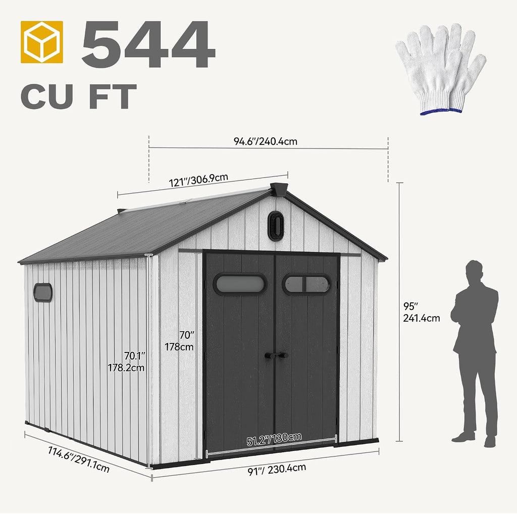 DWVO 8x10 FT Outdoor Storage Shed, 544 cuft Large Plastic Storage Shed with Floor & Lockable Door, Outside Tool Garden Shed with Windows & Vents for Patio Furniture/Lawn Mower, Black&Gray