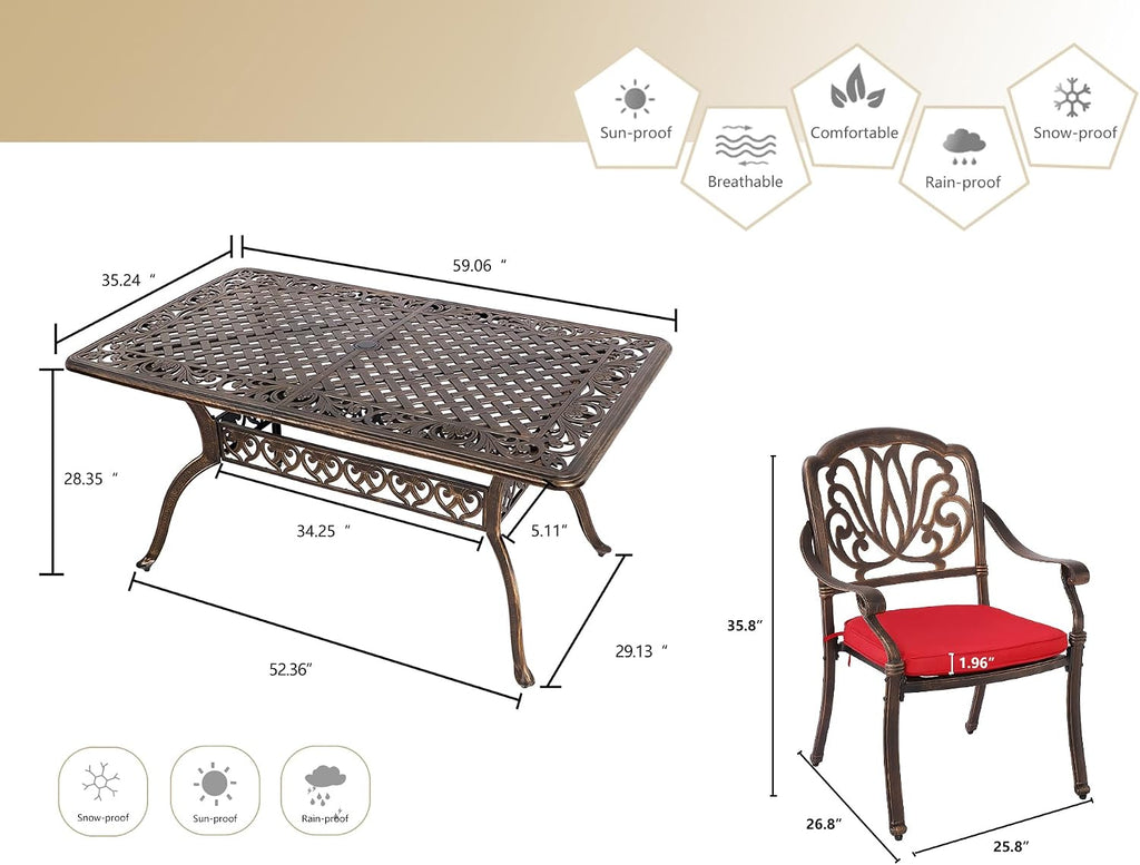 Grepatio 7 Piece Patio Dining Set Outdoor Dining Set Cast Aluminum Furniture Set with 6 Dining Chairs with Cushion and Dining Table for Backyard Garden Deck Poolside (Red)