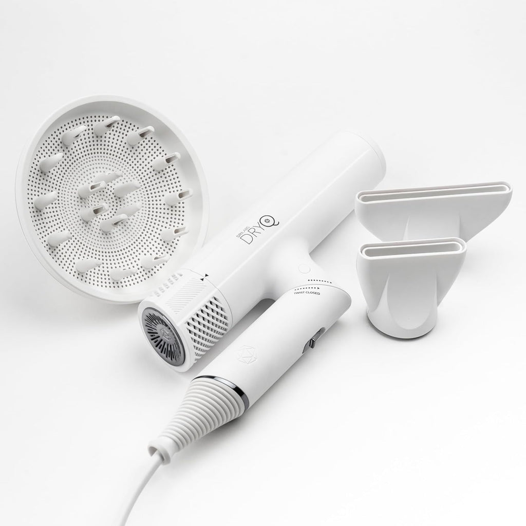 SRILabs DryQ 'Smart' Hair Dryer – White Edition – Super Lightweight, Foldable – Powerful, Quiet Motor – Infrared & Ionic Technology – 3 Magnetic Attachments – Heat Control with Locking Switch