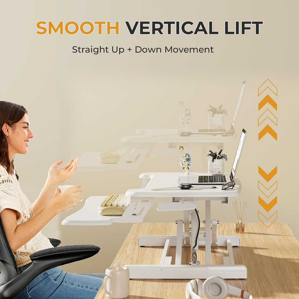 JOY worker Standing Desk Converter, 32' Height Adjustable Sit Stand Up Desk Riser with Keyboard Tray & 6 Fridge Magnets, Desktop Workstation Riser for Home Office Computer Laptop, White
