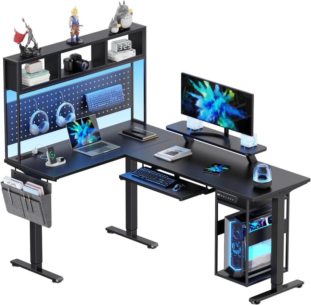 Flycity Electric L Shaped Standing Desk Adjustable Height, 67' x 47' Corner Computer Desk with Host Shelf, Gaming Desk with LED Lights & Power Outlet, Dual Motor Home Office Desk with Storage, Black