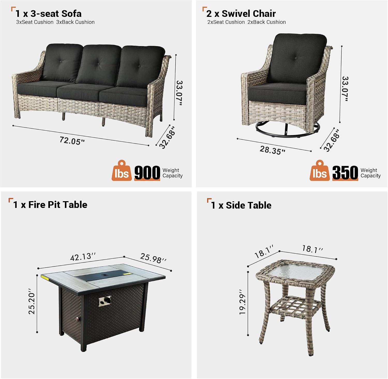 ovios Outdoor 5 Piece Patio Furniture with Fire Pit Table,Wicker Coversation Set with Swivel Rocking Chair,Comfy Sectional Deep Sofa for Outside Porch Balcony Backyard Pool,Black
