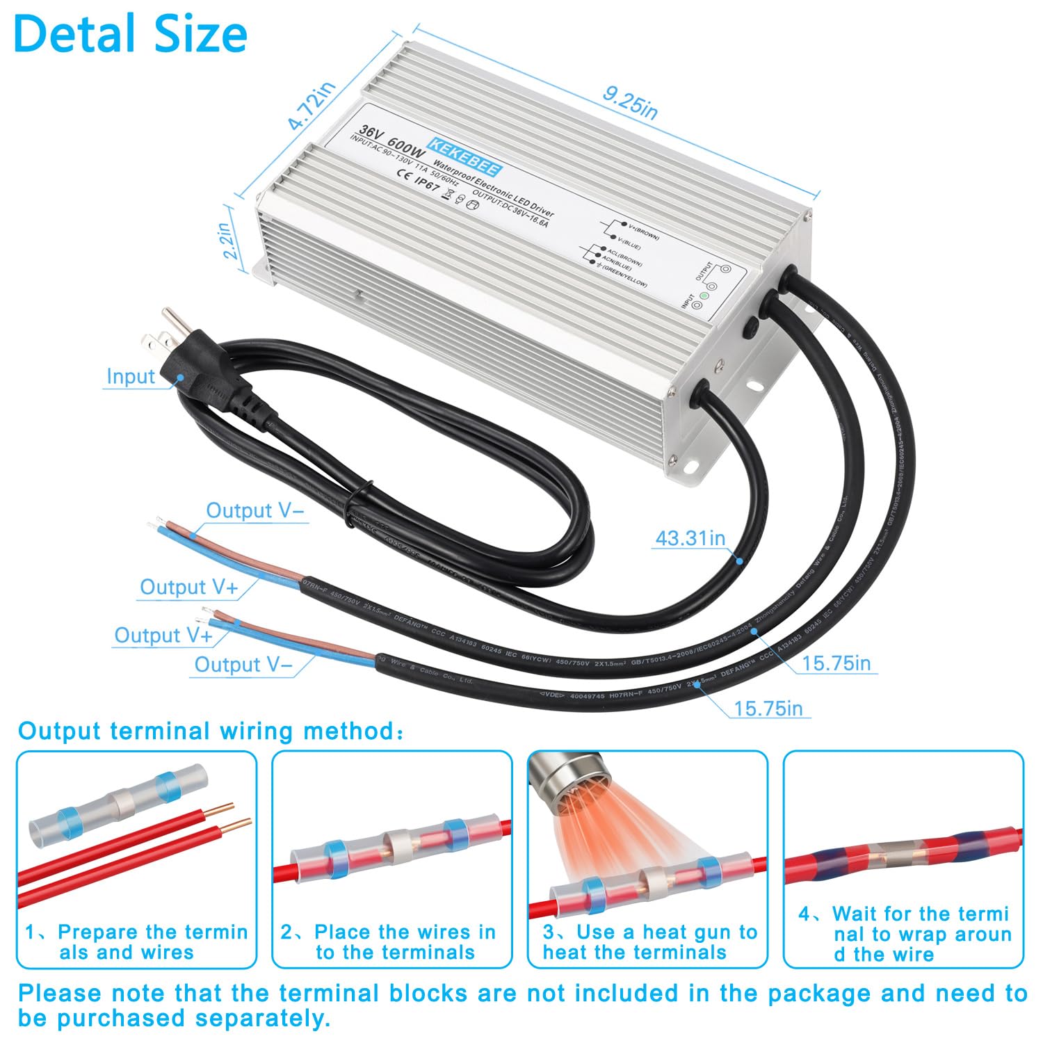 LED Driver 36V 600W Waterproof Power Supply AC90-135V to DC36V16.6A IP67 Waterproof Low Voltage Transformer Suitable for Outdoor LED Lighting Lawn Lights and 36V DC Equipment