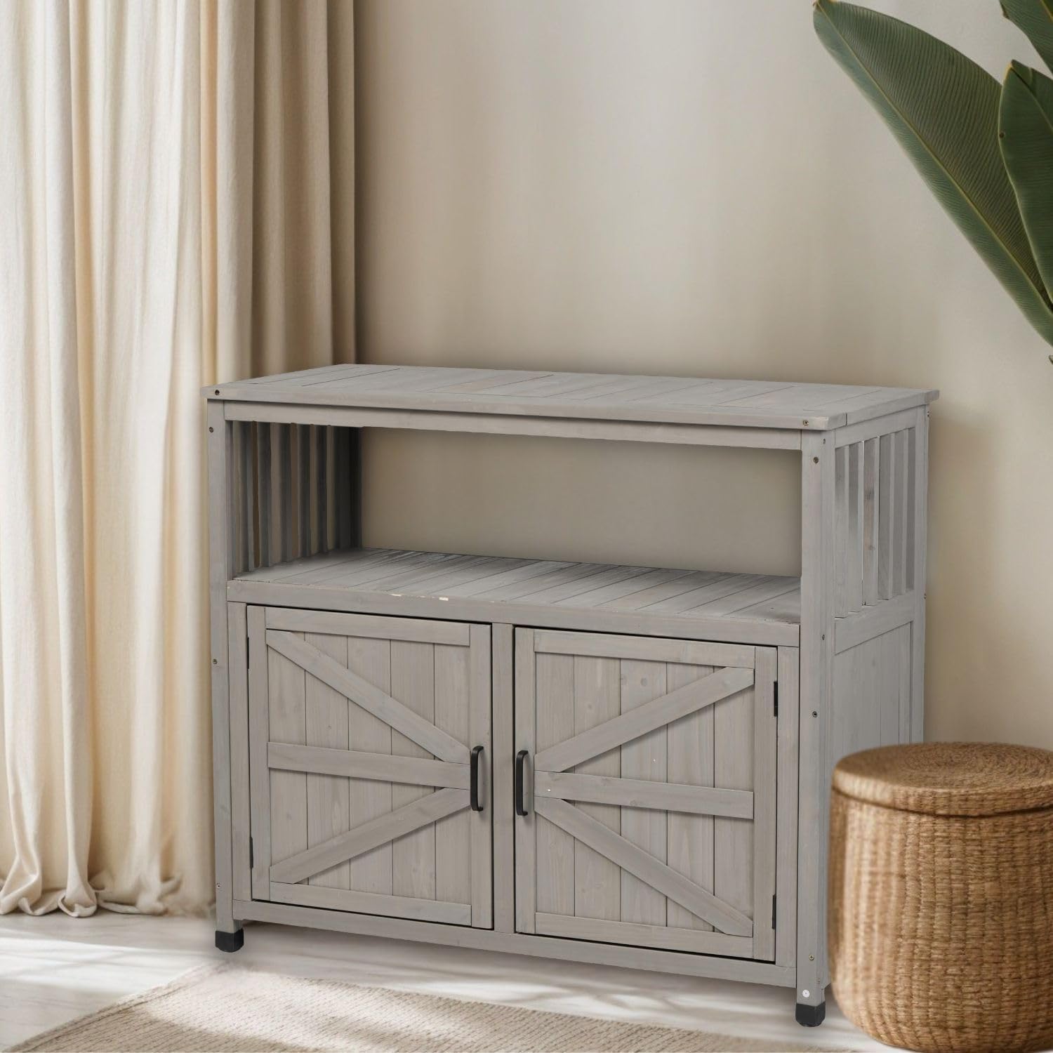 YOPTO Outdoor Wood Storage Cabinet,Garden Patio Bar Table Set with 2 Handles,Buffet Cabinet Sideboard Furniture for Lawn,Grey