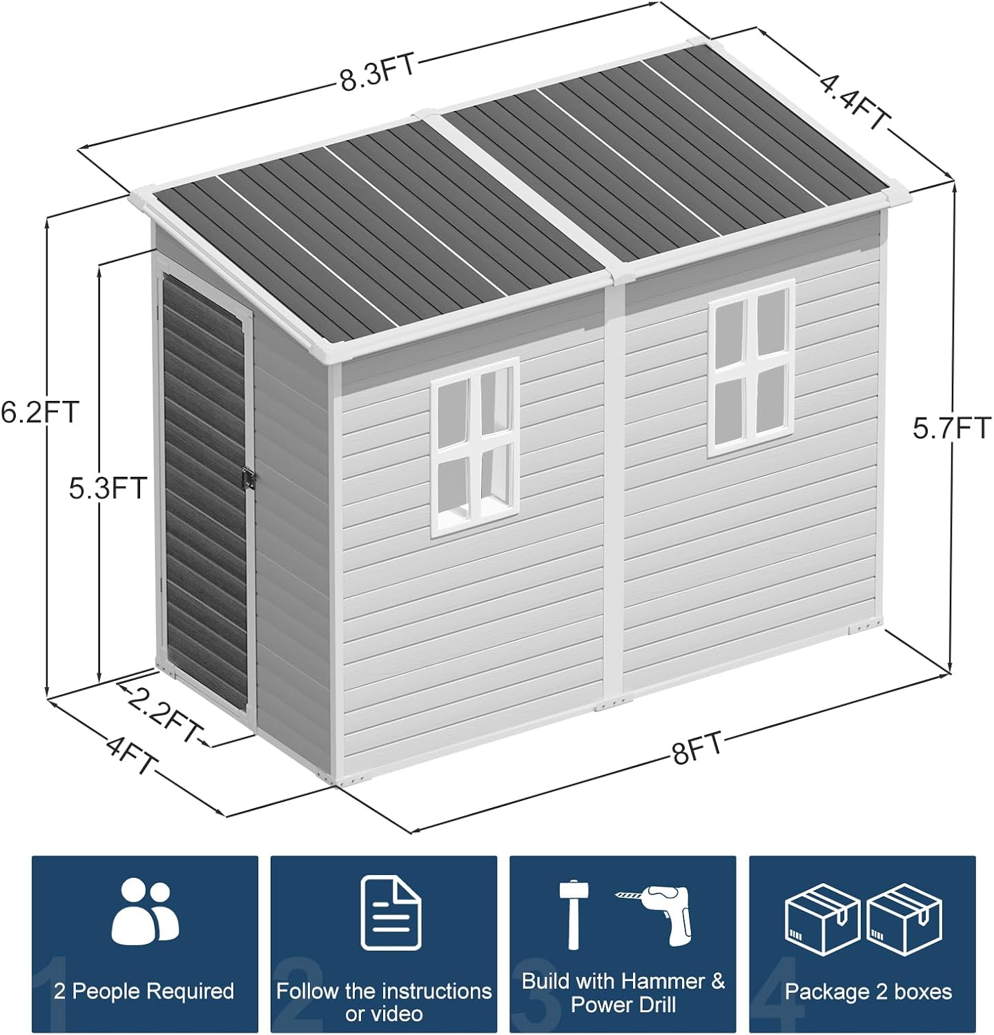 8x4x6 FT Resin Storage Shed with Floor Windows Door Vents, Reinforced Frame Waterproof Plastic Lean to Sheds Kit with Base for Backyard Garden Patio Tools Storage, Gray