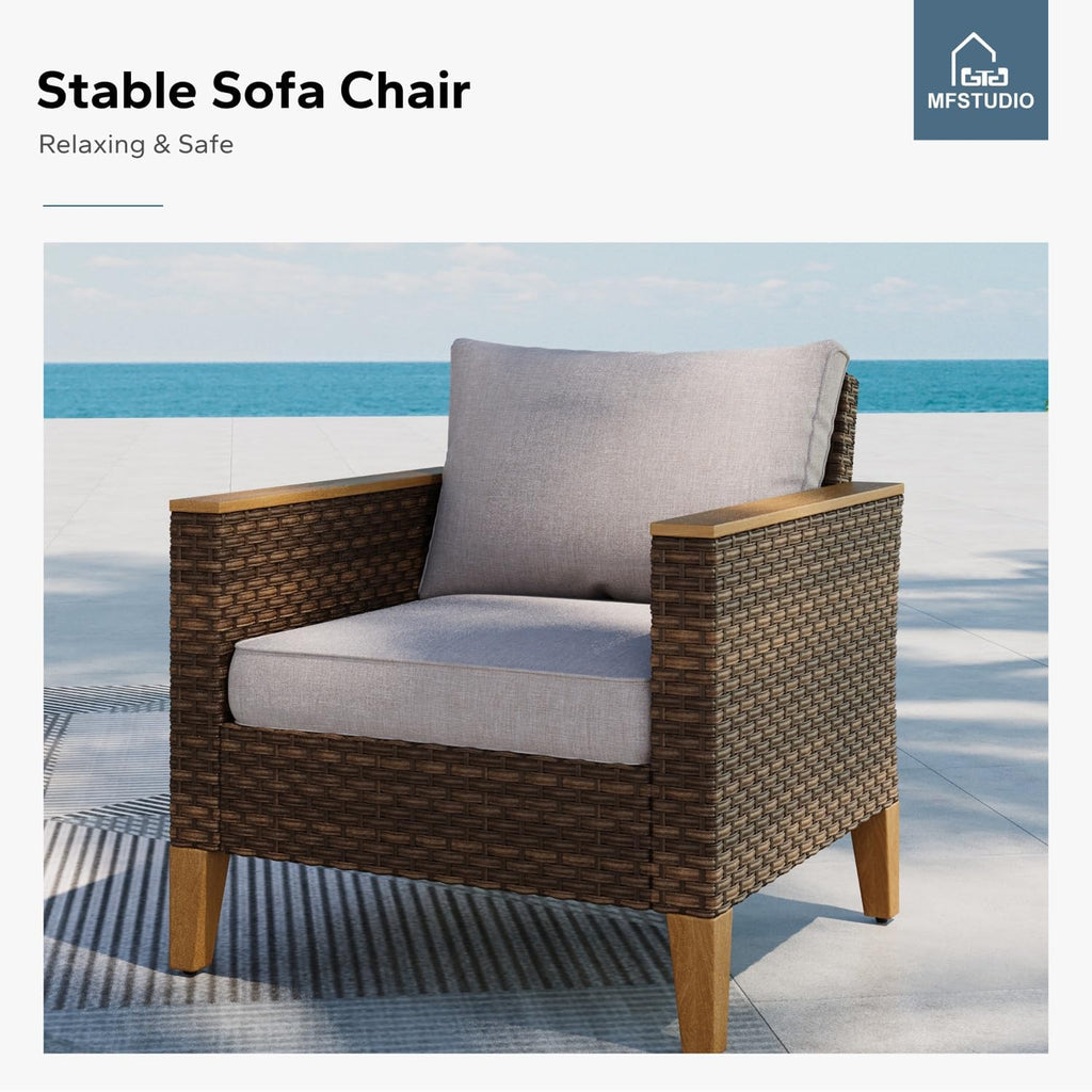 MFSTUDIO 7 Piece Wicker Patio Furniture Set, 2 x Single Chair, 2 x Ottoman, 3-Seat Sofa, All-Weather Outdoor PE Rattan Patio Conversation Set for Garden, Backyard(Beige Cushions)