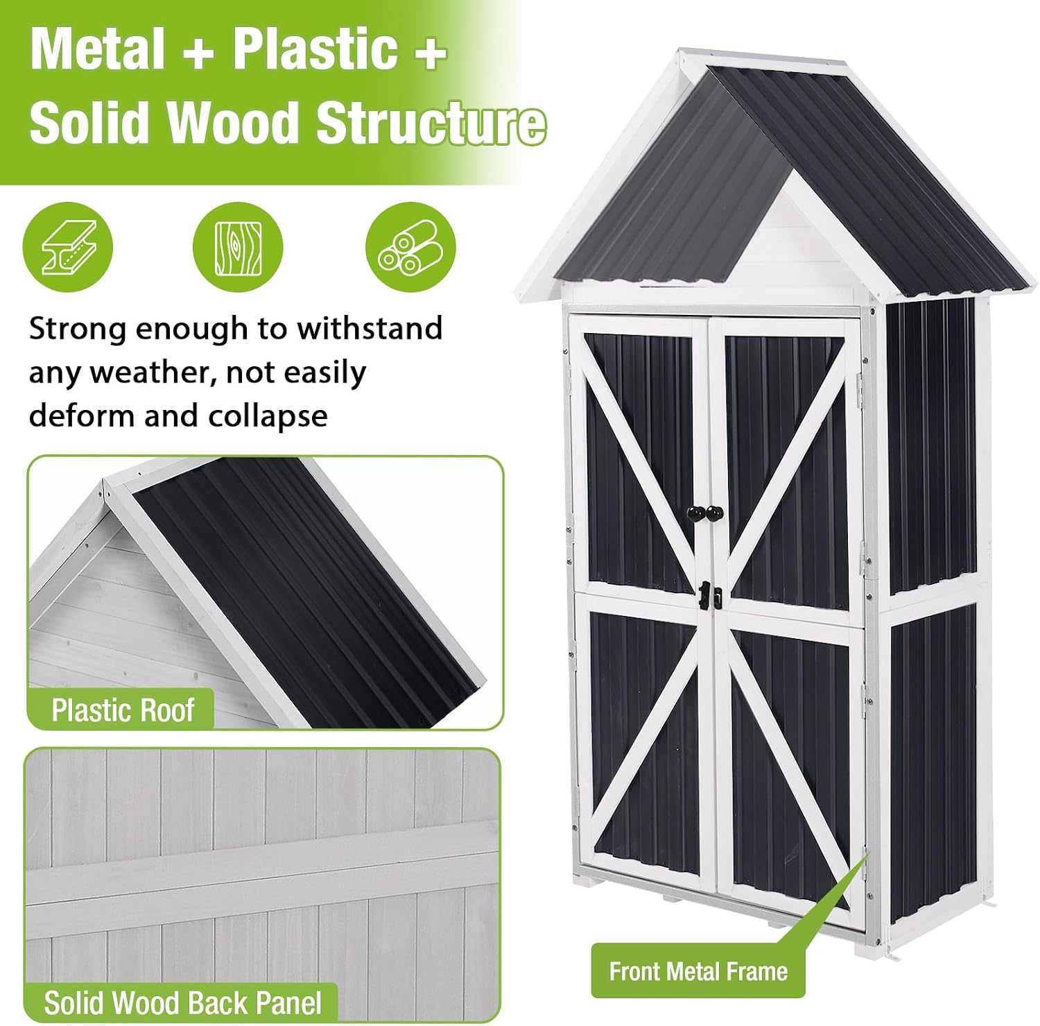 GUTINNEEN Outdoor Storage Cabinet, Wood & Metal Frame Garden Storage Shed with Waterproof Plastic Roof, Adjustable Shelves, Raised Base, Weather-Resistant Tool Shed for Backyard, Patio & Lawn, 67.5'H