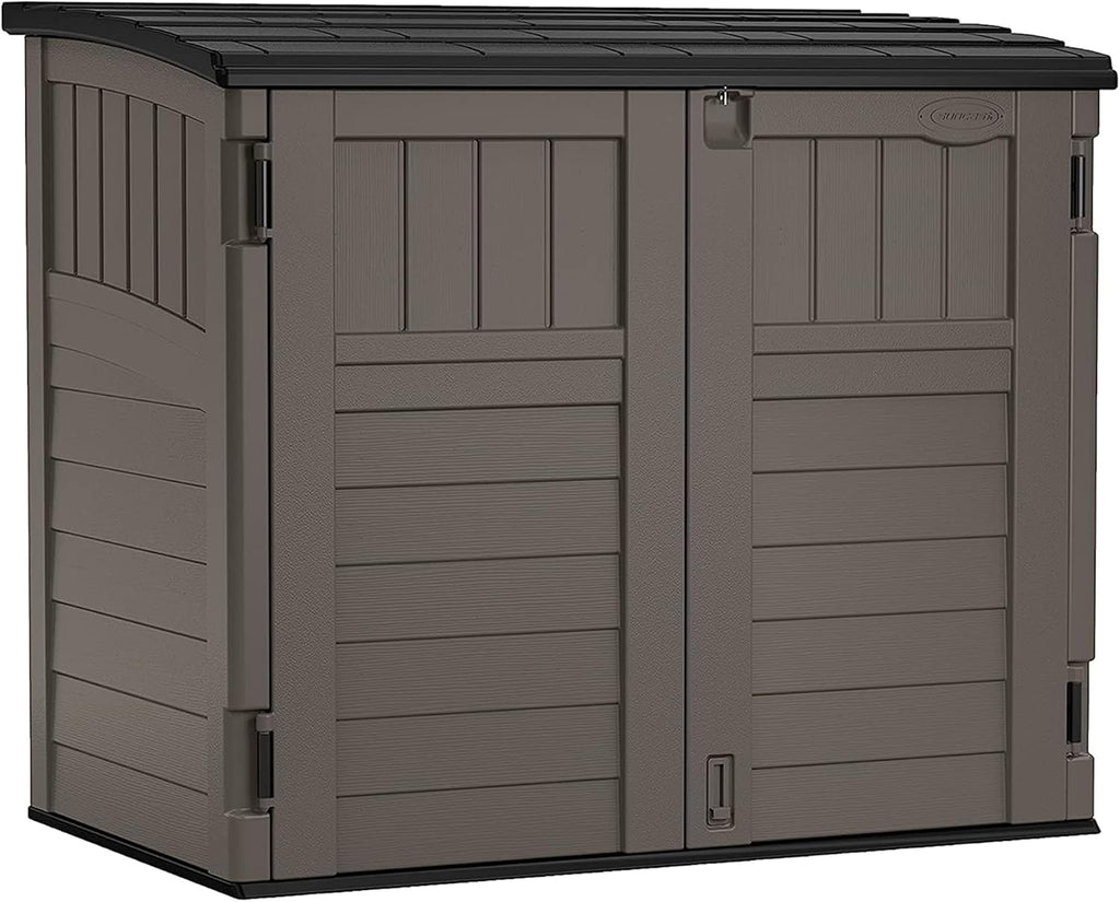 Suncast 34 Cu Ft Horizontal Resin Storage Shed - Outdoor Storage Shed with Floor Included, Lockable, Weatherproof, Fits Small to Medium Trash Cans, Generators, & Garden Tools, Stoney Black