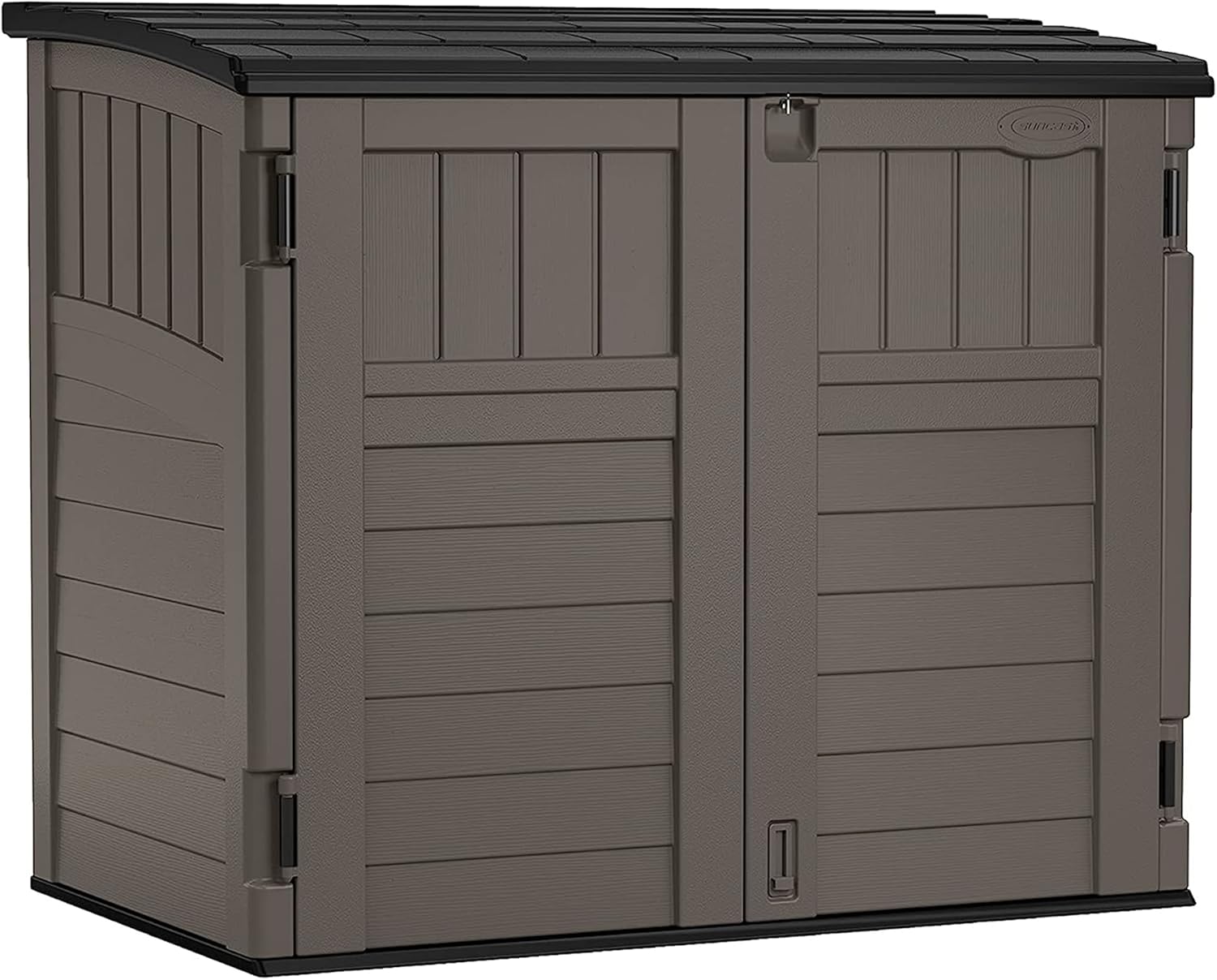 Suncast 34 Cu Ft Horizontal Resin Storage Shed - Outdoor Storage Shed with Floor Included, Lockable, Weatherproof, Fits Small to Medium Trash Cans, Generators, & Garden Tools, Stoney Black