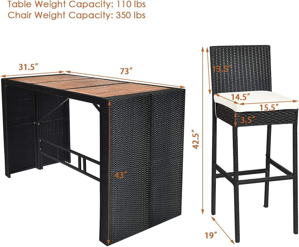 Tangkula 7 PCS Outdoor Wicker Furniture with Acacia Wood Bar Table Top and Removable Cushion, Conversation Set for Dining, Patios, Backyards, Porches, Gardens and Poolside (Black)