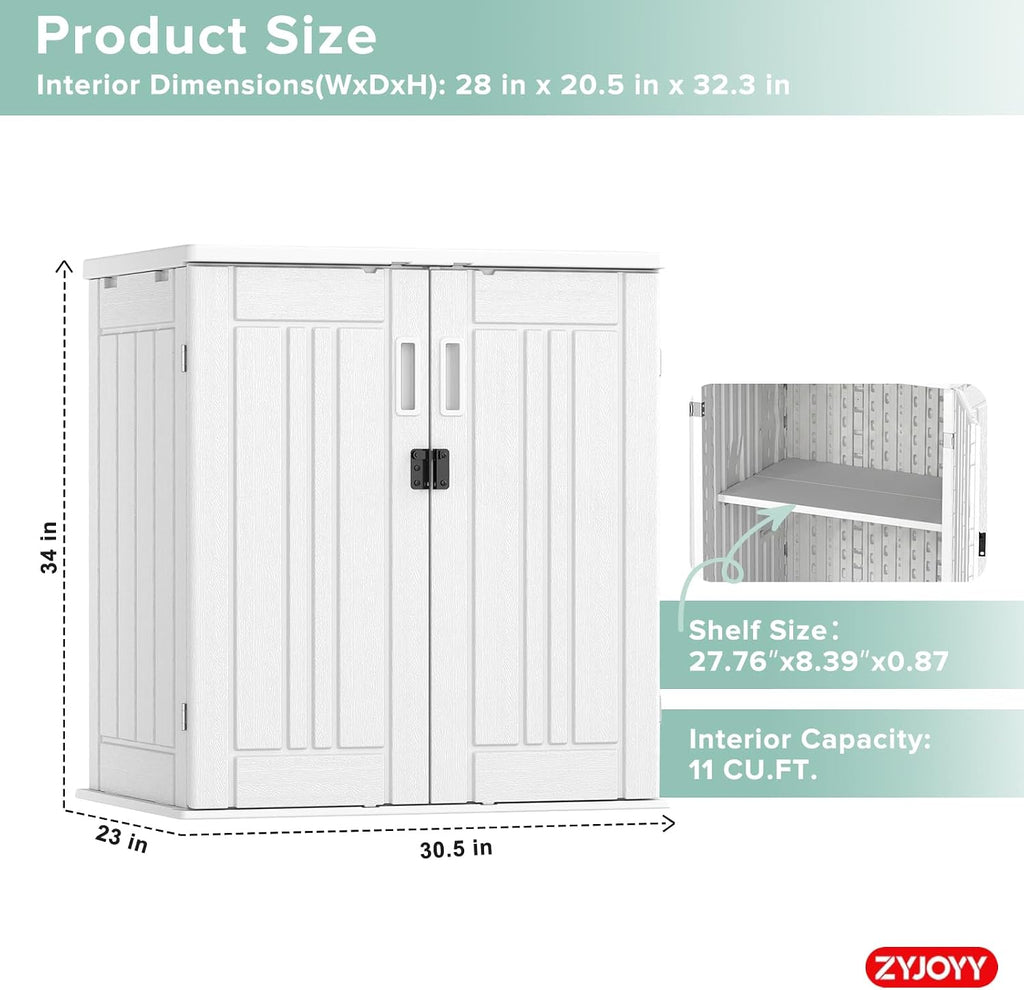 Outdoor Storage Cabinet with 2 Shelves, Waterproof Resin Vertical Tool Shed, Lockable 15 cu. ft. Storage Shed for Patio, Garden, Yard, Dark White