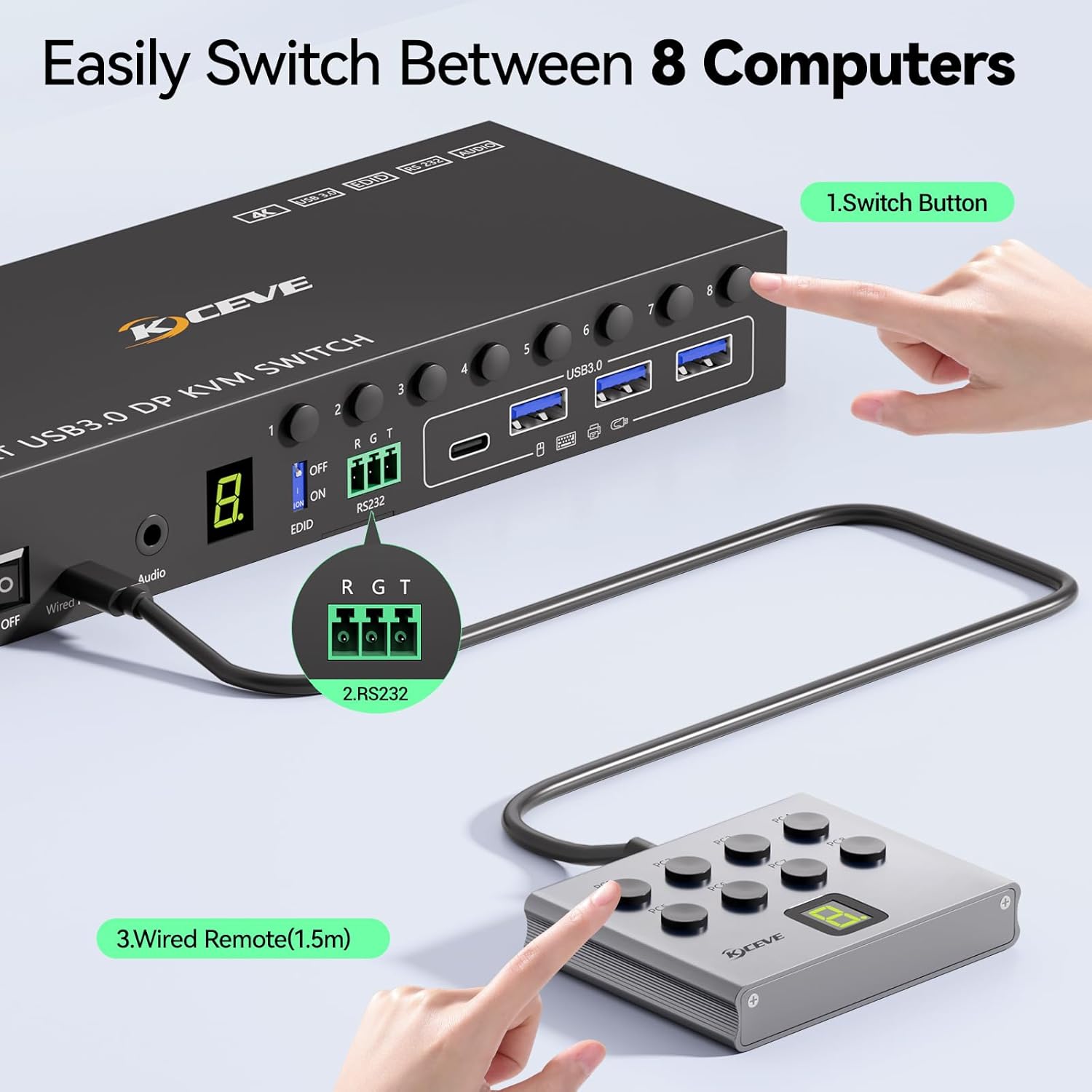 8 Port DisplayPort KVM Switch 4K@60Hz EDID Simulation, USB 3.0 DP KVM Switch for 8 Computers Share 1 Monitor and 4 USB Devices, Audio RS232,Wired Remote, 12V Power Supply & 8 USB Cables Included