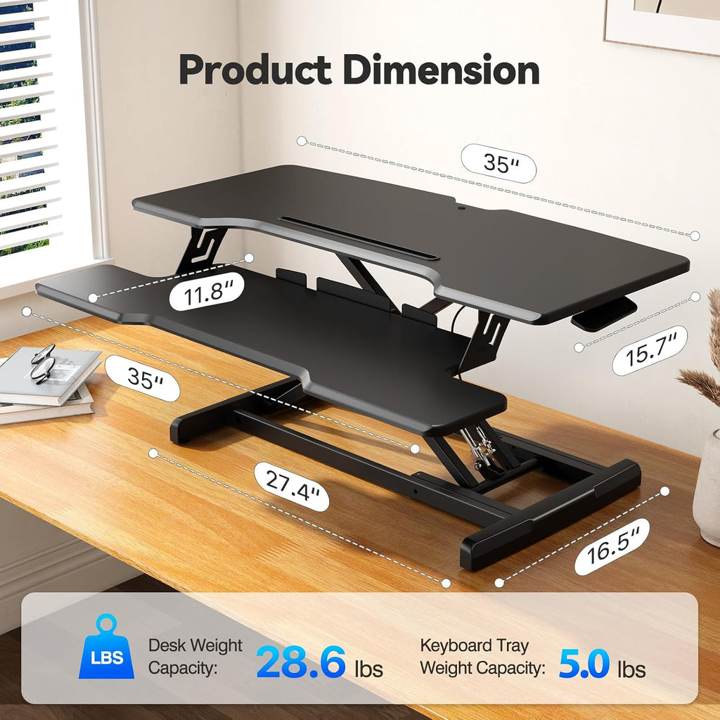 35' Standing Desk Converter, Height Adjustable Desktop Riser with Keyboard Tray for Two Monitors, Sit to Stand up Computer Workstation for Home Office, Black