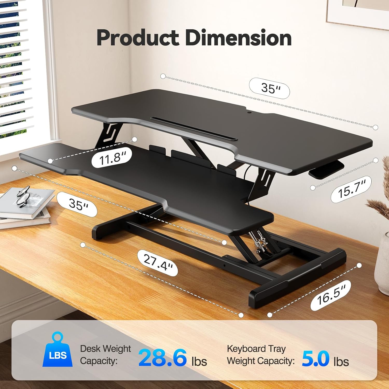 35' Standing Desk Converter, Height Adjustable Desktop Riser with Keyboard Tray for Two Monitors, Sit to Stand up Computer Workstation for Home Office, Black