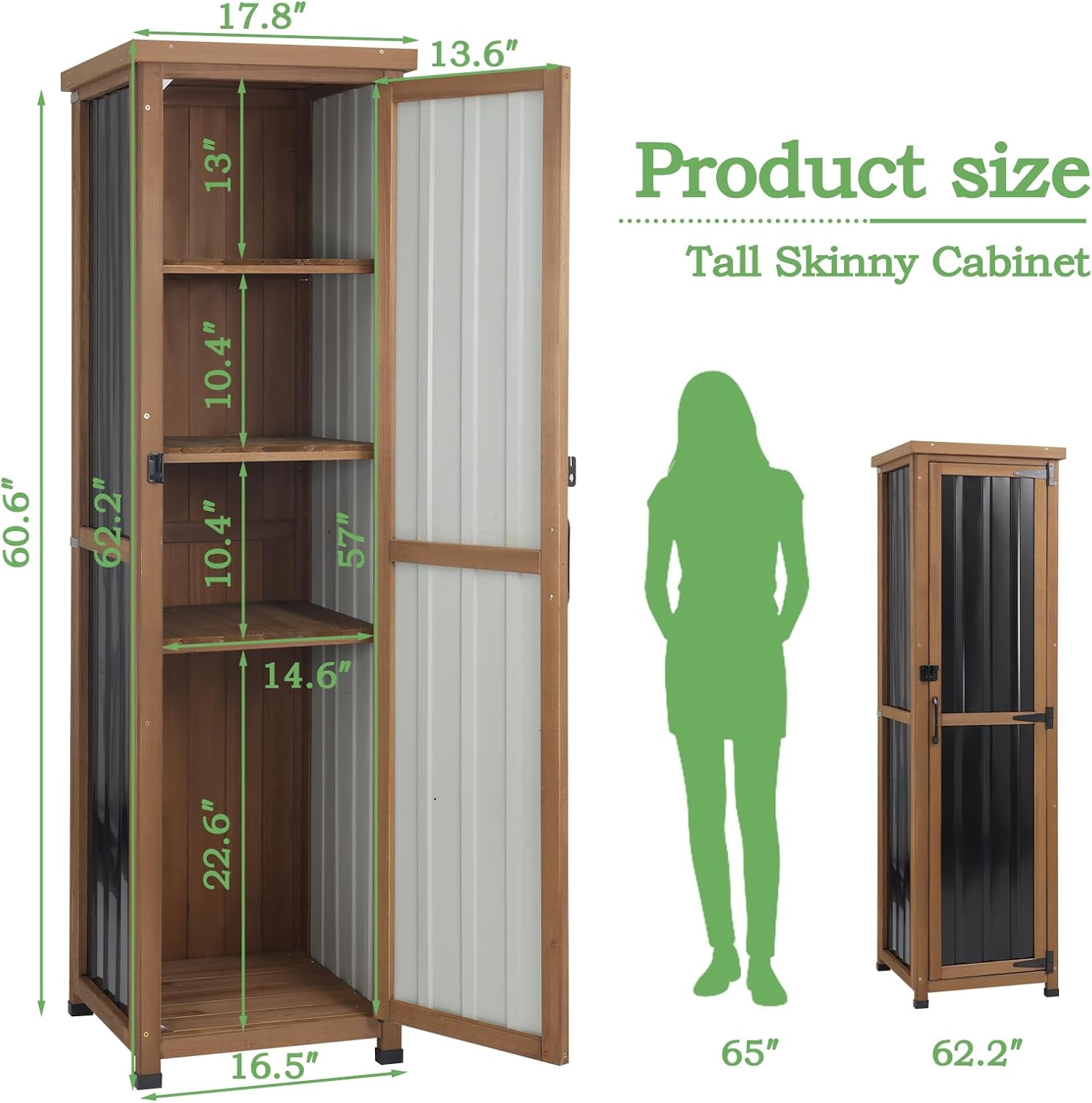 62' H Outdoor Corner Storage Cabinet with Lockable Doors, Outdoor Indoor Small Storage Cabinet with Metal Top, 3 Adjustable Shelves for Patio, Porch, Entryway or Small Spaces