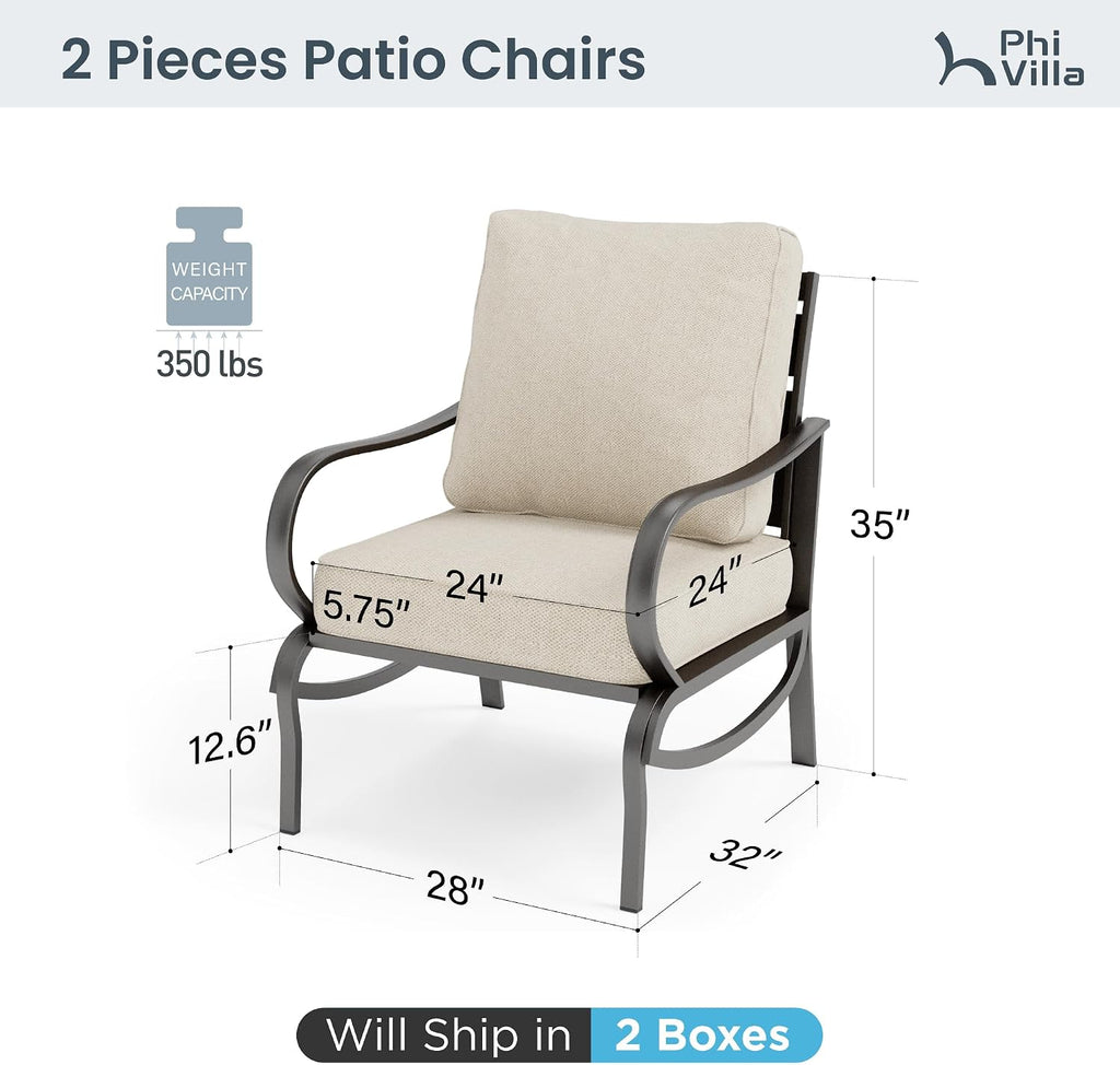 PHI VILLA Patio Furniture Conversation Set for 2, Deluxe Outdoor Patio Set with 2 Stable Padded Sofa Chair