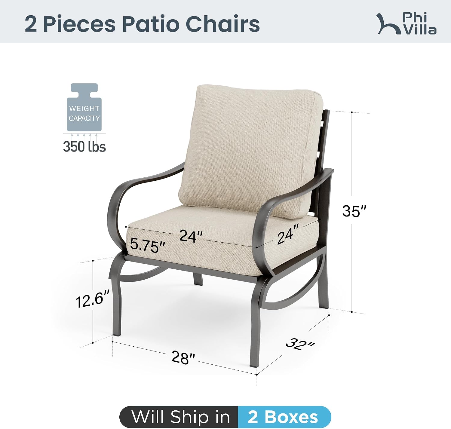 PHI VILLA Patio Furniture Conversation Set for 2, Deluxe Outdoor Patio Set with 2 Stable Padded Sofa Chair