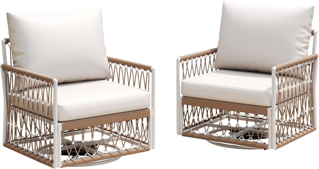 Christopher Knight Home Janna 3-Piece Bohemian Outdoor Patio Furniture Set, Set of 2 Swivel Lounge Chairs with Cushions & Glass Top Side Table, Patio Conversation Set for Garden, Beige + Natural