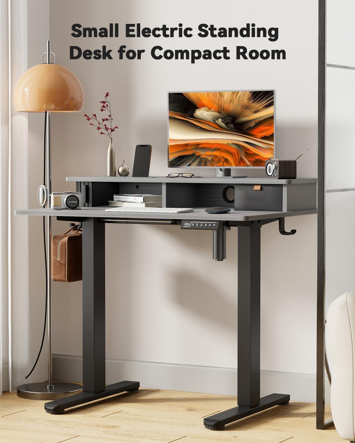 JOY worker Small Electric Standing Desk, 35' x 25' Height Adjustable Table with Built-in Monitor Stand & Storage Drawer, Grey Sit Stand Desk with 2 Hooks for Home Office