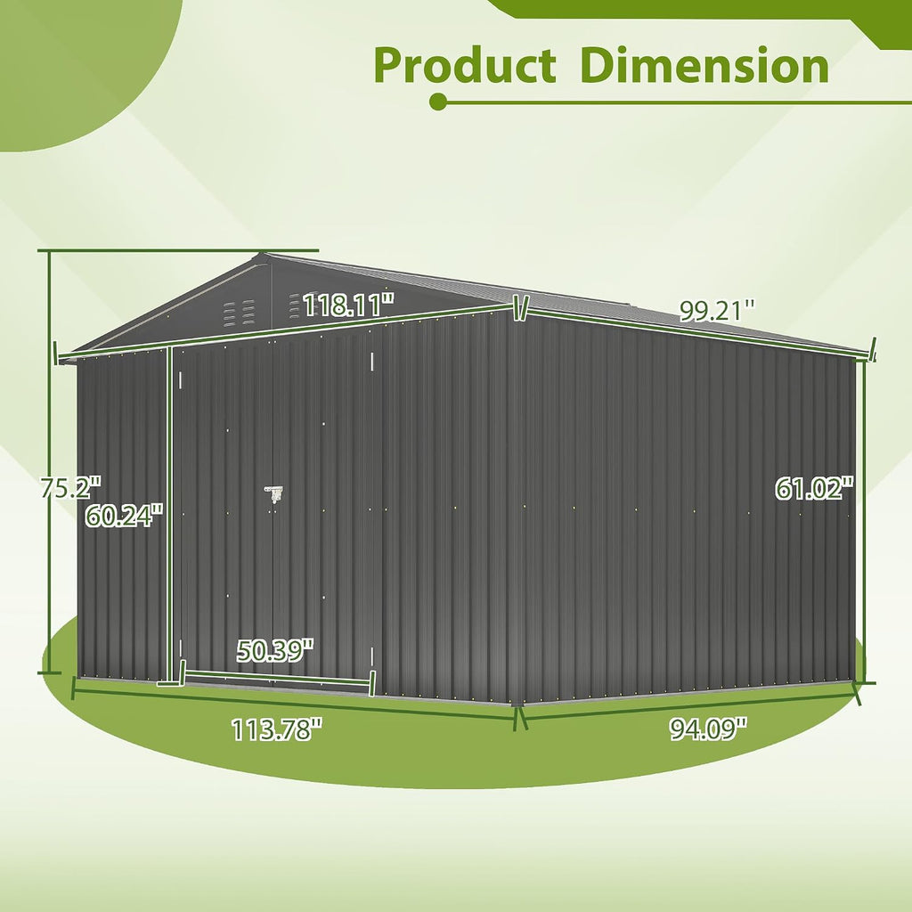 10x8 FT Outdoor Storage Shed with Lockable Double Doors, Aluminum Frame, Weatherproof with Frame Floor, Metal Tool Shed for Garden, Backyard, Patio, and Equipment Storage