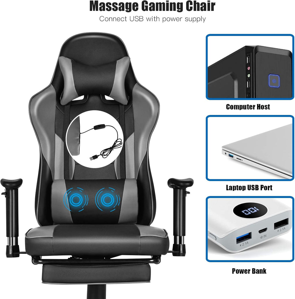 GYMAX Gaming Chair, High Back Computer Gaming Chair with Adjustable Armrests & Massage Lumbar Support, Swivel Ergonomic Reclining Office Chair (Black)