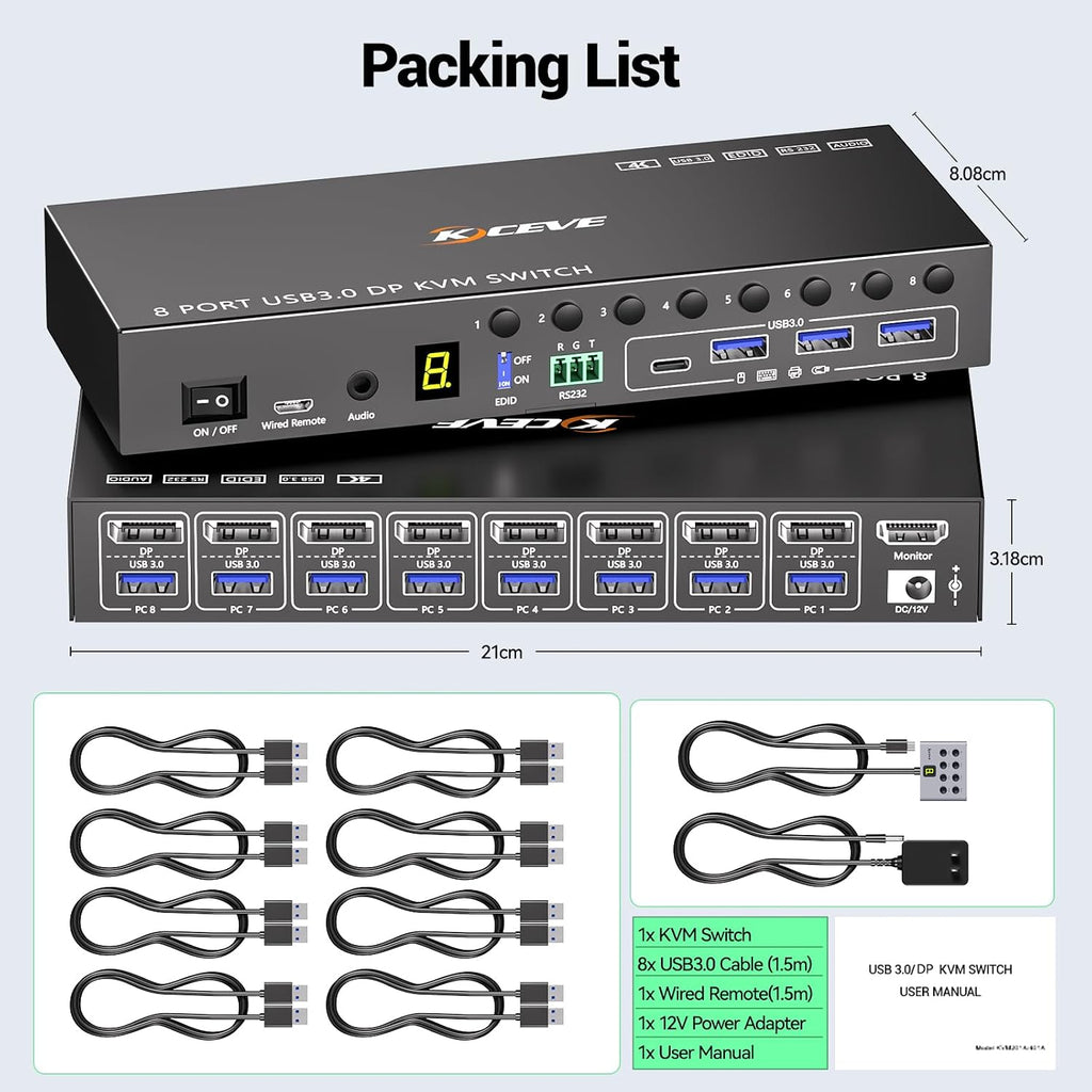 8 Port DisplayPort KVM Switch 4K@60Hz EDID Simulation, USB 3.0 DP KVM Switch for 8 Computers Share 1 Monitor and 4 USB Devices, Audio RS232,Wired Remote, 12V Power Supply & 8 USB Cables Included