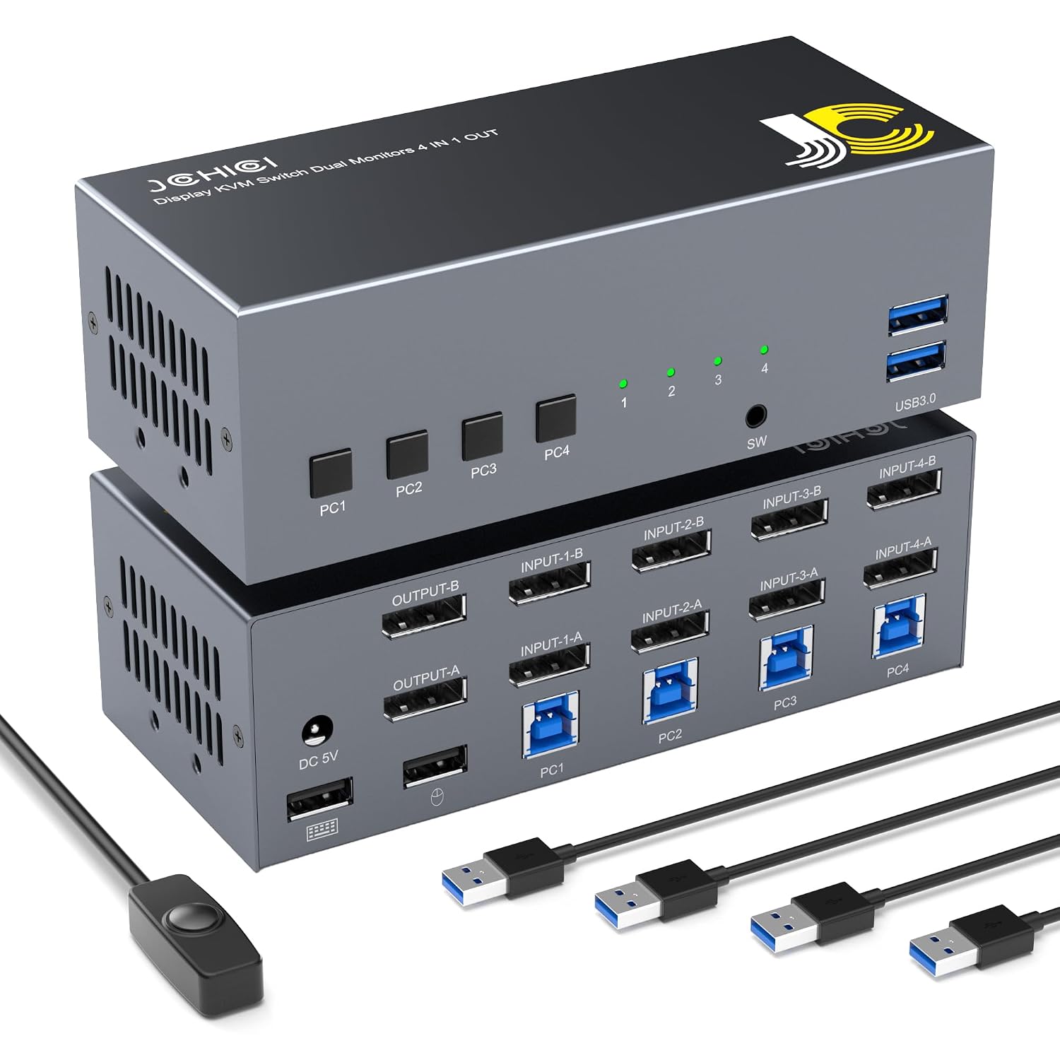 Displayport KVM Switch Dual Monitor 4K@60Hz USB 3.0 DP 1.2 KVM Switcher for 4 Computers Share 2 Monitors and 4 USB Devices Support Extended & Copy Mode