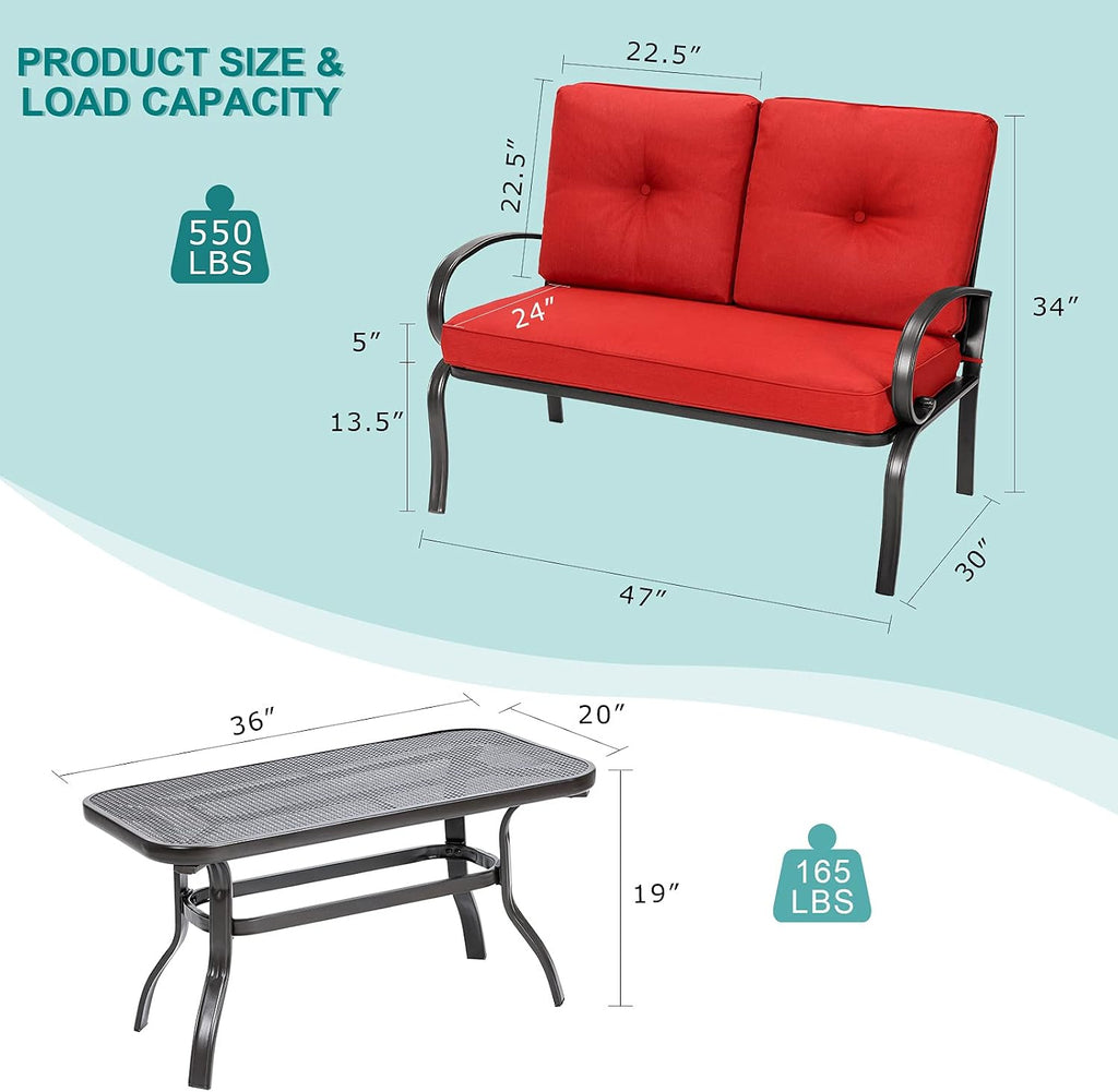 Giantex Patio Loveseat with Coffee Table Outdoor Bench with Cushion and Metal Frame, Loveseat Porch Furniture Set Sofa for Garden, Yard, Patio or Poolside (Red & Black)