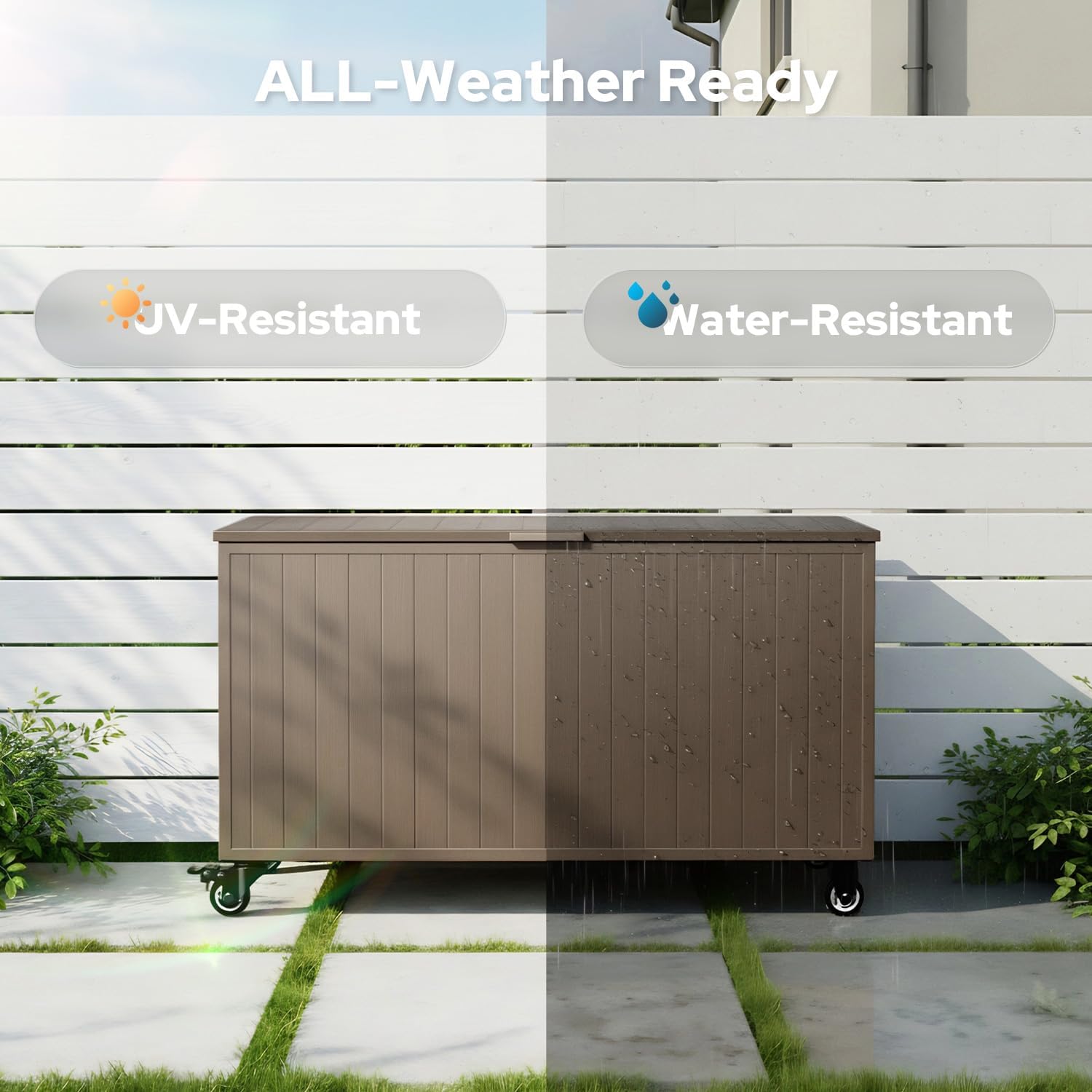 Outdoor Storage Box with Wheels 150 Gallon, Mobile Aluminum Deck Boxes Outdoor Waterproof, UV Resistant Patio Storage Box with Lid for Patio Furniture, Garden Tools, Outdoor Cushion (Brown)