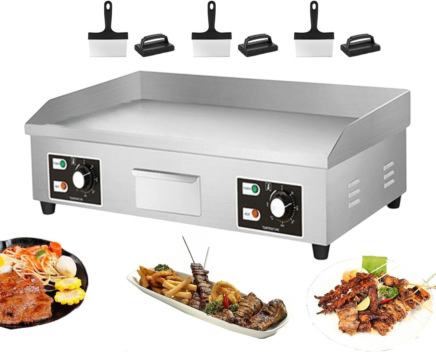 Electric Griddle, Commercial Flat Grill, Stainless Steel Steak-Bacon Fryer, Countertop Burger-Bacon Griddle Pancake Maker, With 3 Cleaning Brushes,4400W