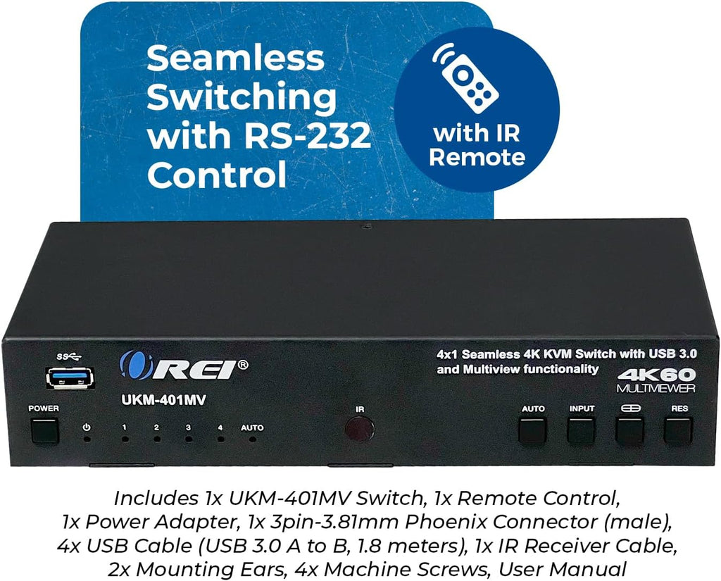OREI 4x1 KVM HDMI Seamless Switch Multiviewer, Share Multiple Devices, PC, Computers, Phones, Gaming on One Display Monitor, Keyboard Control and USB 3.0 Peripheral Control