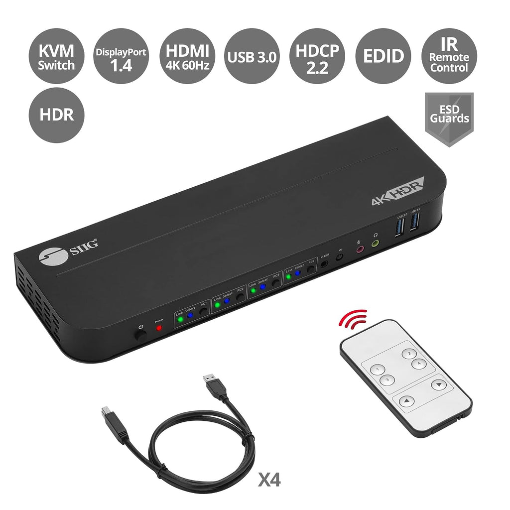 SIIG 4-Port 4K KVM Switch DisplayPort with Remote Control, DP or HDMI Output, 2X USB 3.2 Type-A Ports, Support DisplayPort 1.4/1.2, EDID Bypass, Compatible with Windows and Mac (CE-KV0D11-S1)