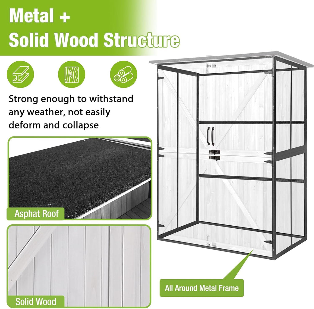 GUTINNEEN Outdoor Storage Cabinet Durable Metal Frame and Solid Wood Vertical Tool Shed with 3 Adjustable Height Shelves and Bottom Floor for Patio, Garden, Backyard, 55' L x 29' W x 67' H