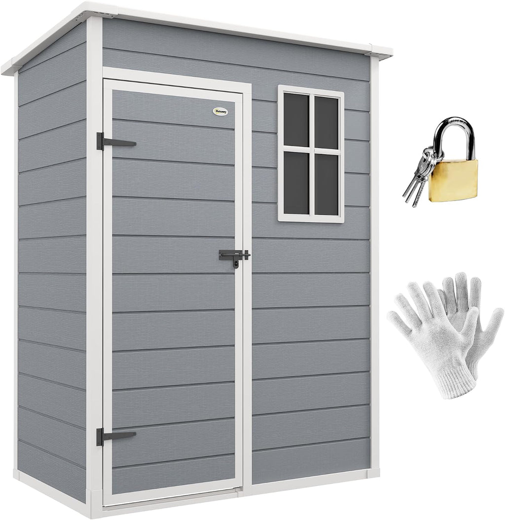 Outsunny 5' x 3' Outdoor Storage Shed, Waterproof Resin Plastic Shed with Floor, Window, Lockable Door and Vents, All-Weather Garden Tool Shed for Backyard, Patio, Lawn, Gray
