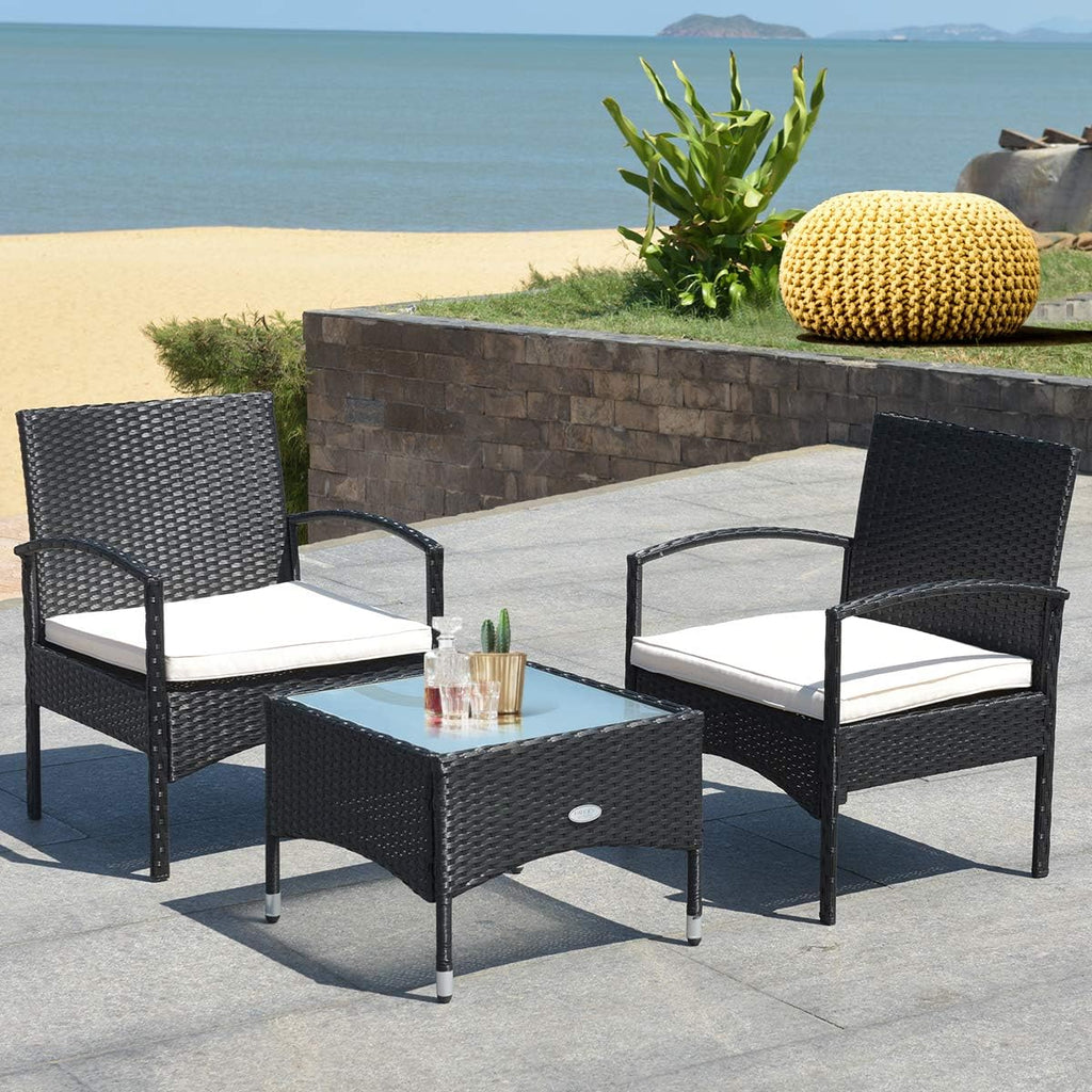 HAPPYGRILL 3PCS Patio Furniture Set Rattan Wicker Bistro Set with Glass Coffee Table & Soft Cushions for Balcony Garden Poolside