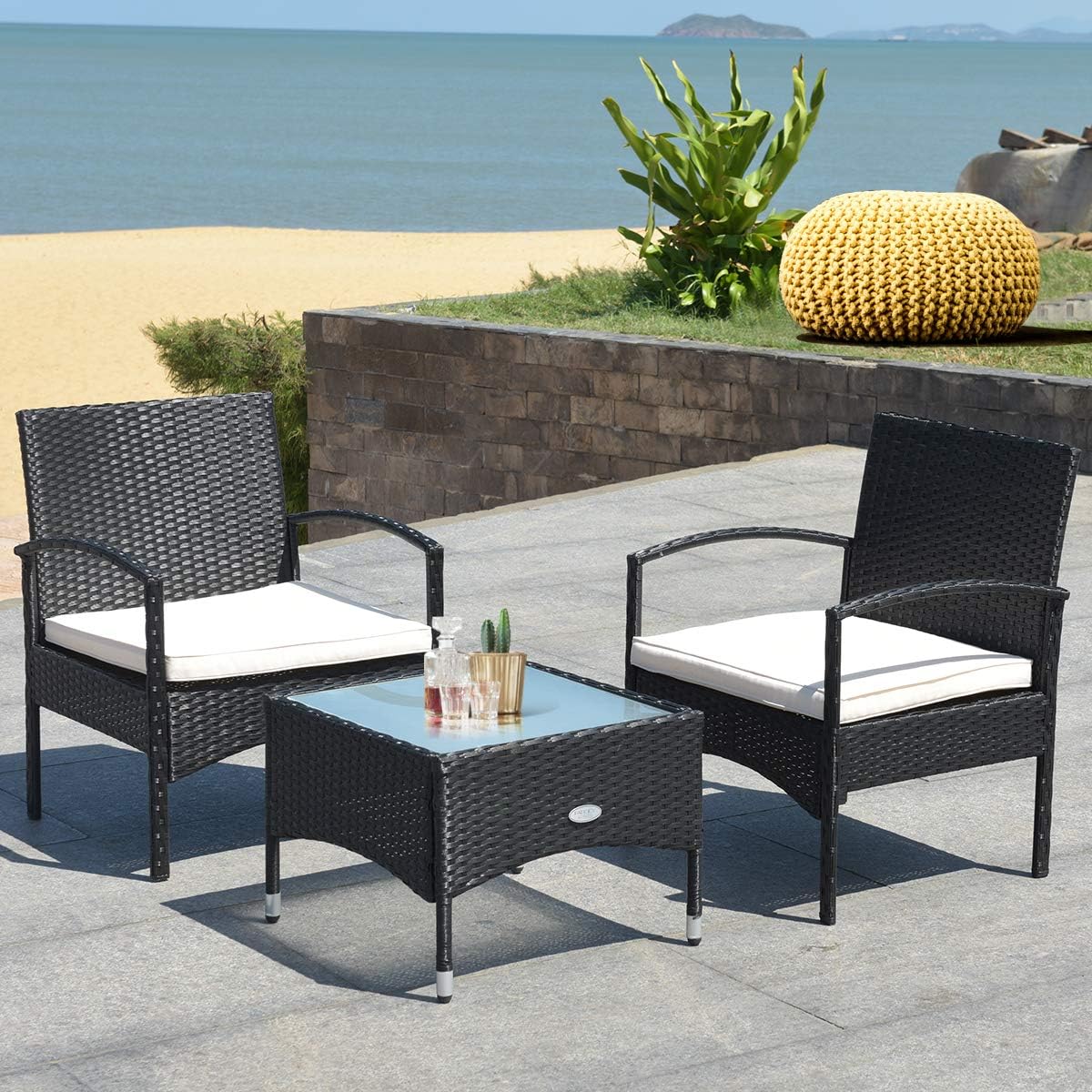HAPPYGRILL 3PCS Patio Furniture Set Rattan Wicker Bistro Set with Glass Coffee Table & Soft Cushions for Balcony Garden Poolside