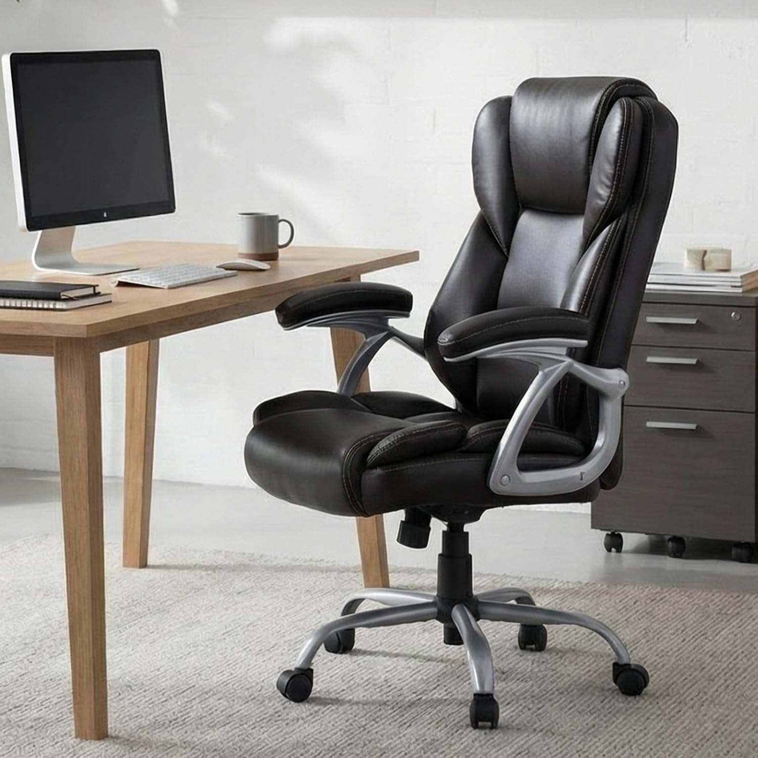 Giantex Executive Office Chair, Leather Ergonomic Computer Desk Chair w/Rocking Function, Padded Seat & Arms, Height Adjustable Gaming Chairs, High Back Rolling Swivel Chair for Home Office (Espresso)
