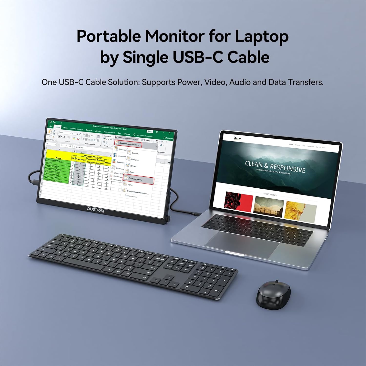 AUSDOM 15.6 Portable Laptop Monitor: FHD 1080P 15.6 inch Portable Second Screen External Travel Monitor, HDMI USB-C Powered Extra Mobile Computer Secondary Display Additional for Laptop MacBook