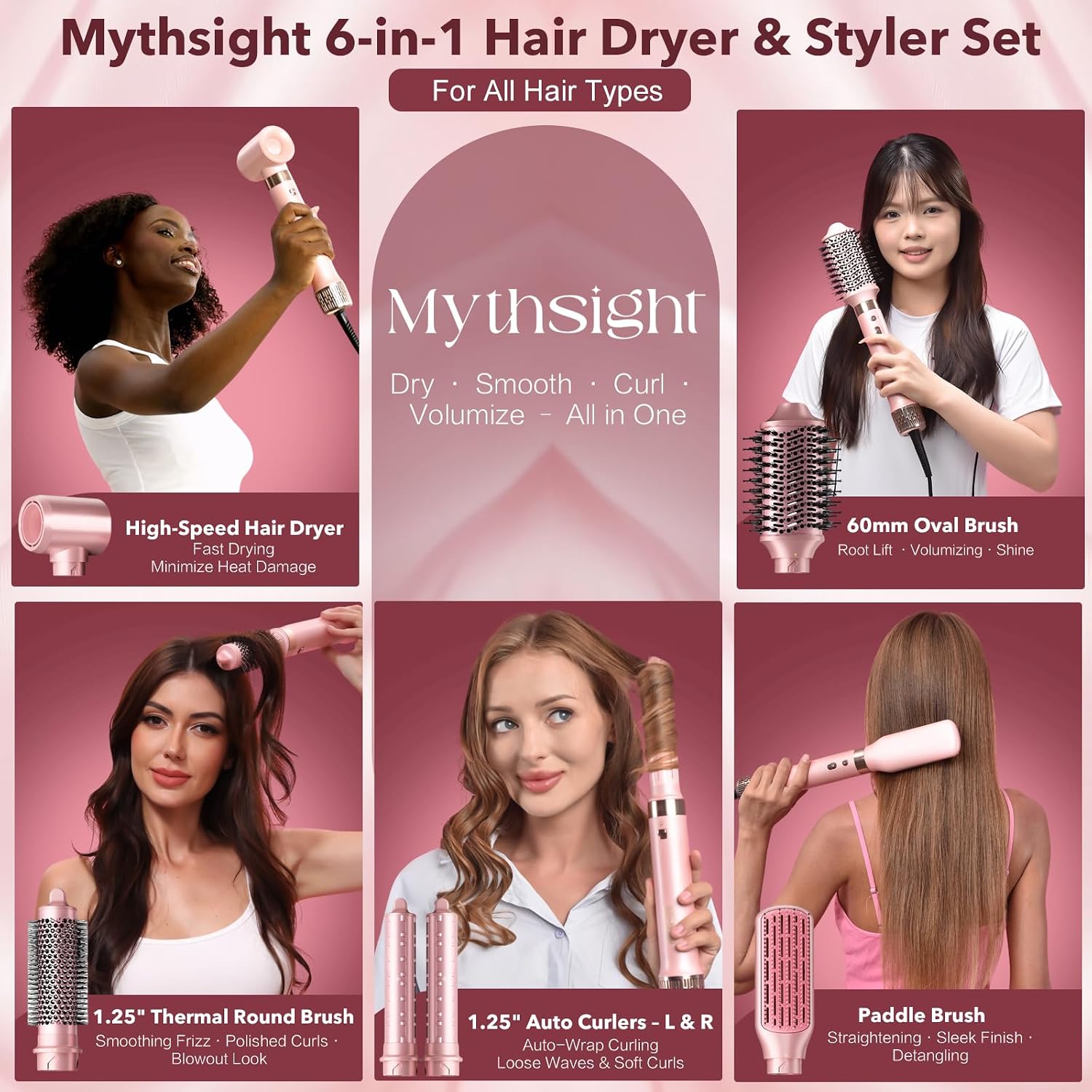 StyleVibe 6-in-1 Air Styler, Dual Voltage Hair Dryer & Blow Dryer Brush with Travel Case - Auto Wrap Curls (L/R), Fast Drying, Thermal Brush for Blowouts & Frizz-Free Volume, No Heat Damage
